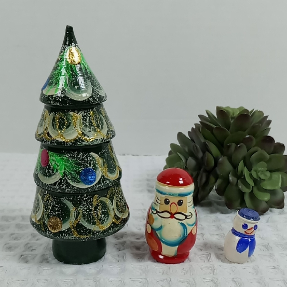 Russian Wooden Nesting Set 3 Pc Holiday Tree Santa & Snowman